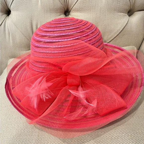 Lord & Taylor Vibrant Pink Hat with Mesh Bow - Picture 1 of 5